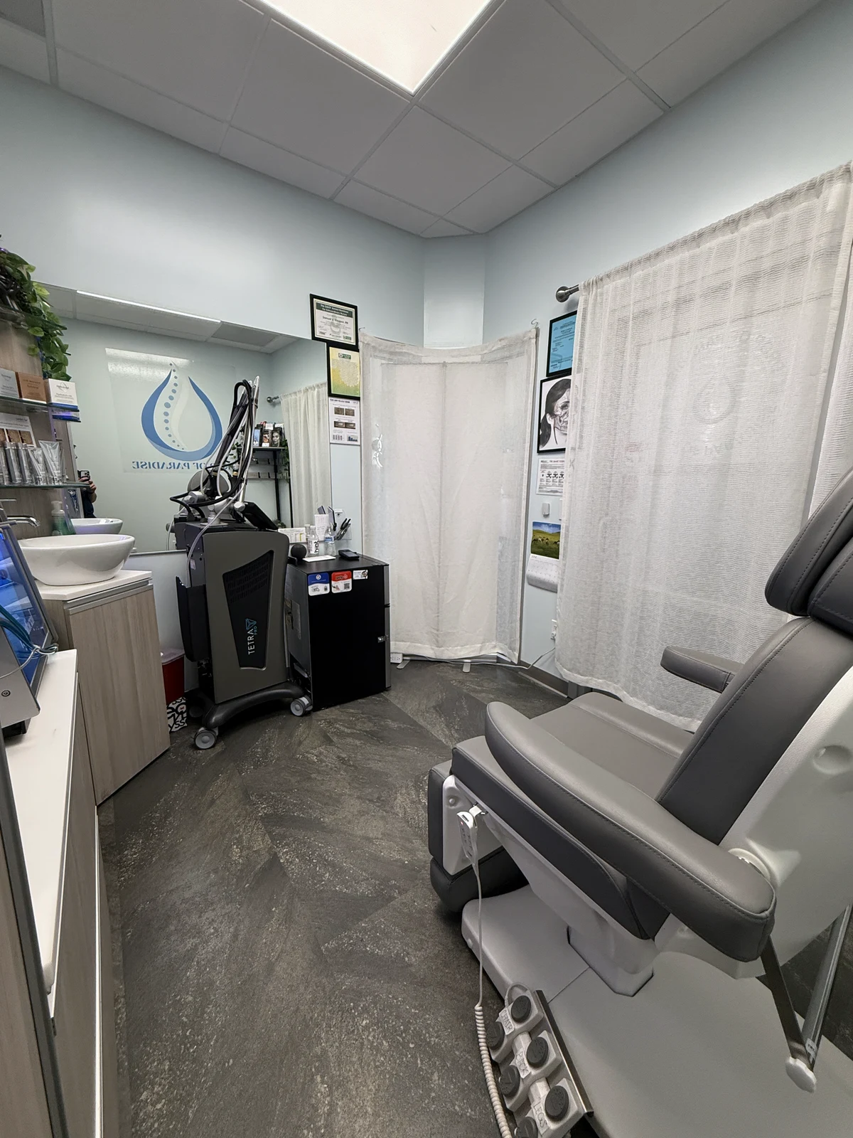 Patient's-eye view from the treatment chair at Drop of Paradise med spa in El Cerrito, CA