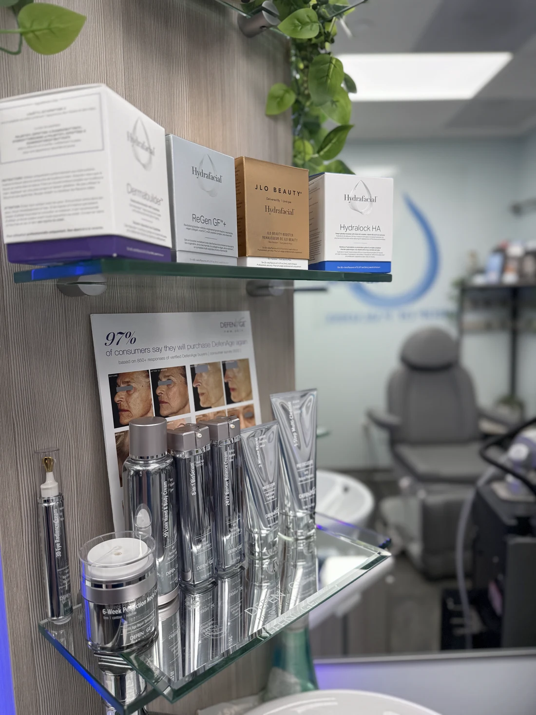 Medical-grade skincare at Drop of Paradise — HydraFacial boosters and DefenAge age-repair products, El Cerrito CA