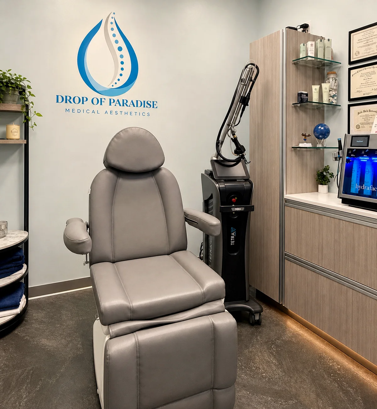 Private treatment studio at Drop of Paradise in El Cerrito, CA, with the DEKA Tetra Pro CO2 laser and Hydrafacial system